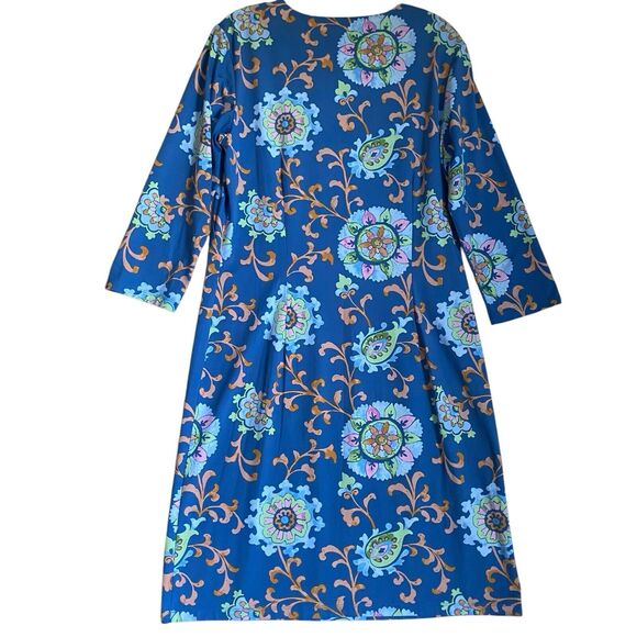 J. McLaughlin Shift Dress L Blue Floral Knee Length 3/4 Sleeve Career Party - Picture 1 of 7